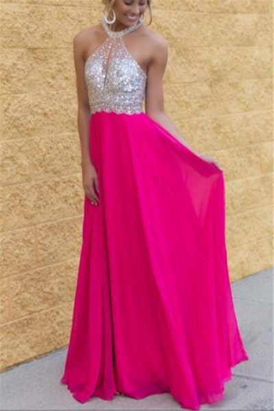 A-line Halter-neck Sleeveless Floor-length 100D Chiffon Evening Gown With Crystal