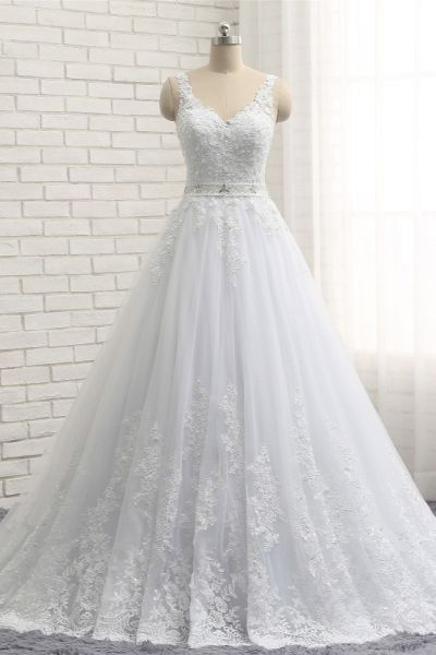 A-line Straps V-neck Sleeveless Court Train Tulle Bridal Attire With Appliques