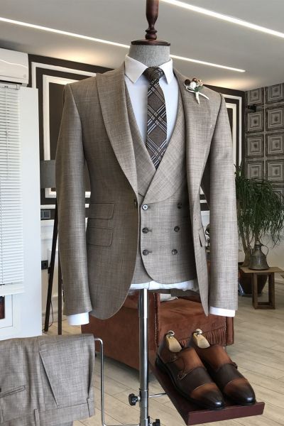 Light Coffee Plaid Double Breasted Business Suit