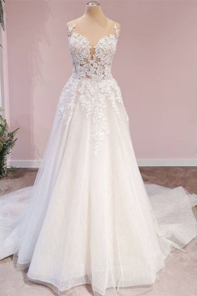 A-line Sweetheart Neck Sleeveless Sweep / Brush Train Tulle Bridal Dress With Lace