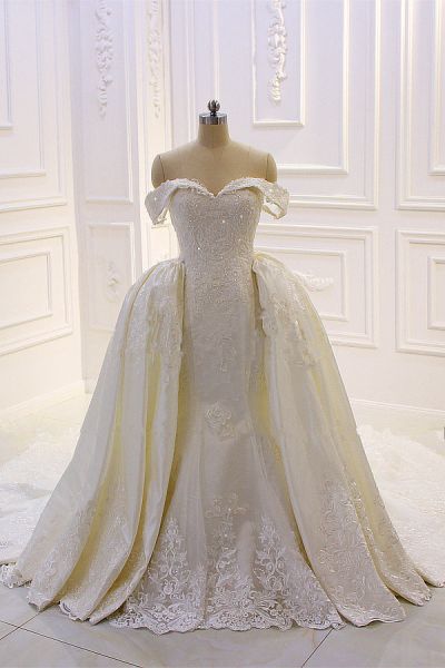 Mermaid Off-the-shoulder Sweetheart Neck Sleeveless Floor-length Tulle Wedding Dress With Lace