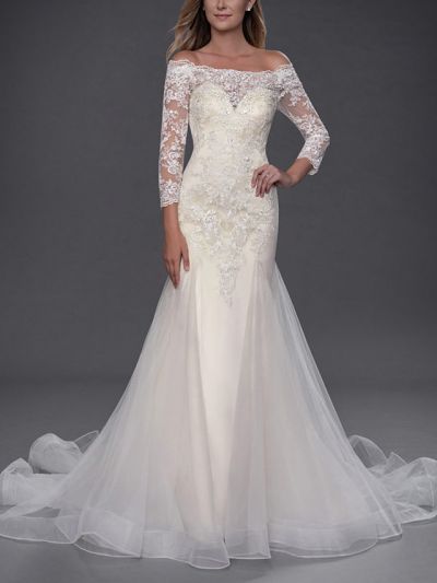 Mermaid Chapel Train Tulle Wedding Dress With Buttons