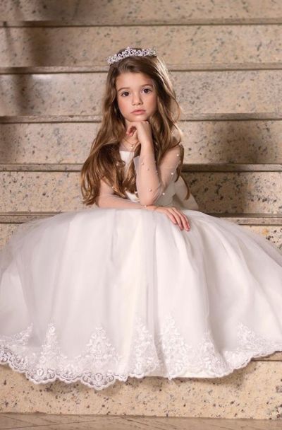 A-line Jewel Neck Long Sleeves Sweep / Brush Train Tulle Flower Girl Dress With Pearls