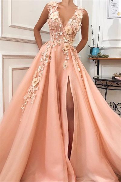 A-line V-neck Sleeveless Sweep / Brush Train Prom Dress With Split Front
