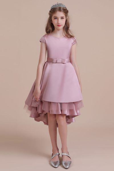 A-line Jewel Neck Short Sleeves Knee-length Tulle Flower Girl Dress With Ribbons