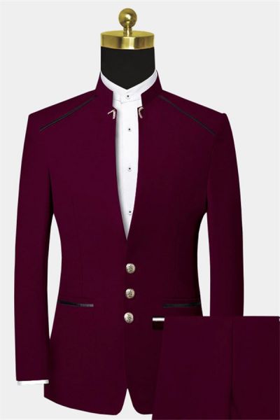 Burgundy Two-Piece Suit with Mandarin Collar