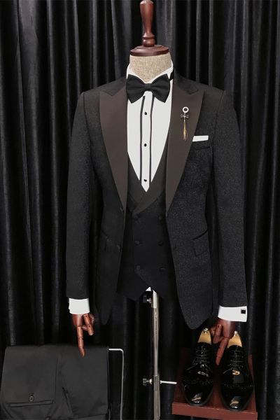 Black Jaquard Peaked Lapel Wedding Men Suit