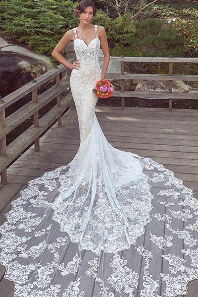 Mermaid Spaghetti Straps Sleeveless Court Train Lace Bridal Gown With Pearls