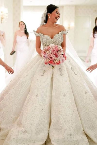 Ball Gown Off-the-shoulder Sweetheart Neck Cathedral Train Wedding Gown With Crystal