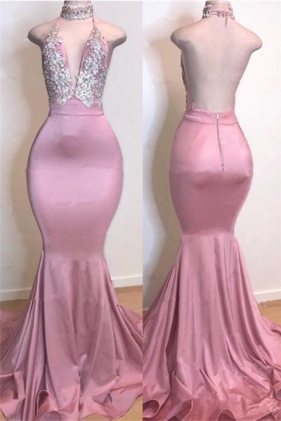 Mermaid V-neck Sleeveless Court Train Stretch Satin Formal Dress With Appliques
