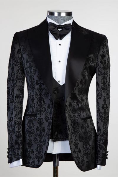 Black Jacquard Peaked Lapel Wedding Men Suit