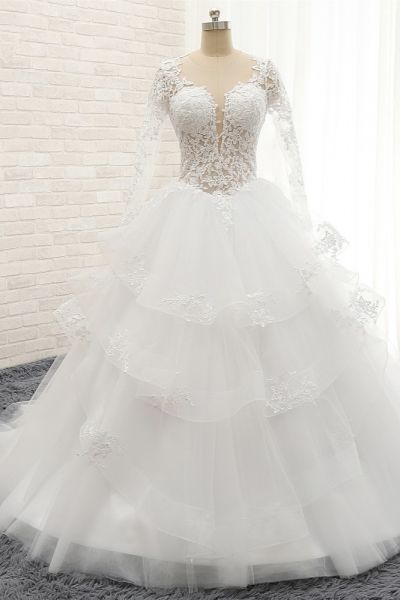 A-line Jewel Neck Long Sleeves Floor-length Tulle Bridal Dress With Appliques