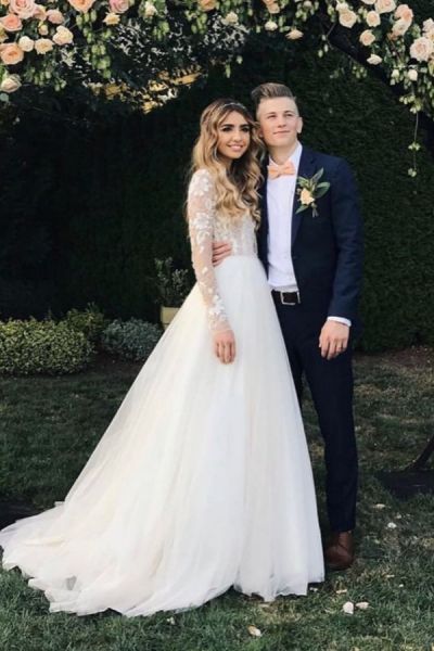 A-line Jewel Neck Long Sleeves Court Train Tulle Wedding Gown With Lace