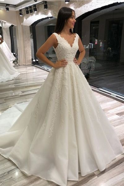 A-line V-neck Sleeveless Court Train Organza Bridal Gown With Lace
