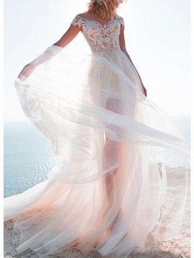 A-line Cap Sleeves Sweep / Brush Train Tulle Bridal Dress With Lace