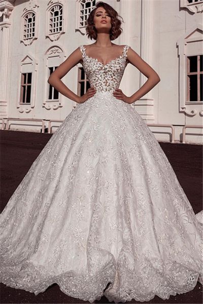 Ball Gown Spaghetti Straps Sleeveless Sweep / Brush Train Wedding Gown With Appliques