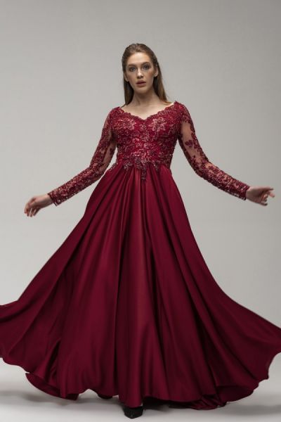 Column V-neck Long Sleeves Floor-length 100D Chiffon Evening Dress With Lace