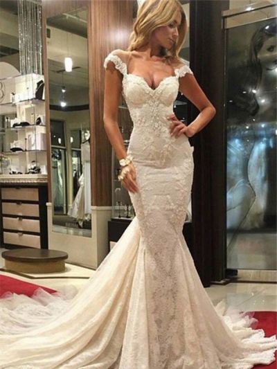 Mermaid V-neck Sleeveless Sweep / Brush Train Bridal Dress With Lace
