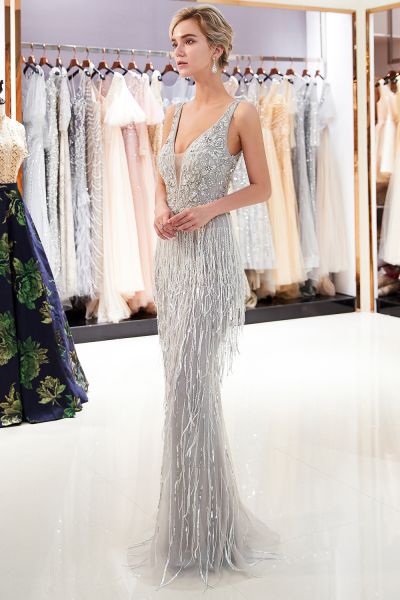 Mermaid Plunging Neckline Sleeveless Sweep / Brush Train Tulle Cocktail Party Dress With Appliques
