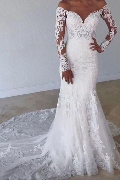 Mermaid Jewel Neck Long Sleeves Chapel Train Lace Wedding Gown With Lace