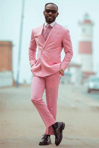 Pink Double Breasted Peaked Lapel Prom Men Suit