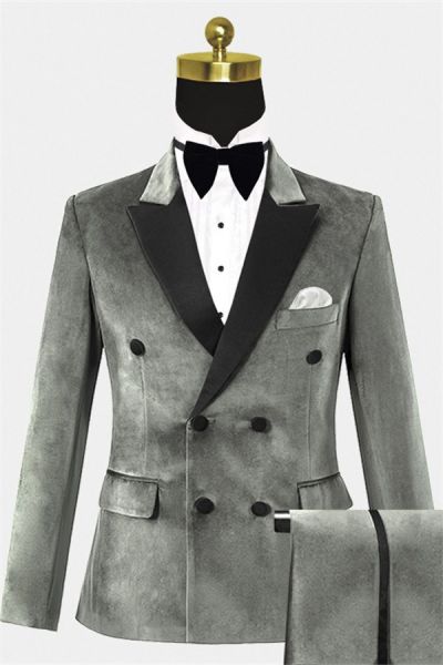 Silver Double Breasted Velvet Prom Suit with Peaked Lapel