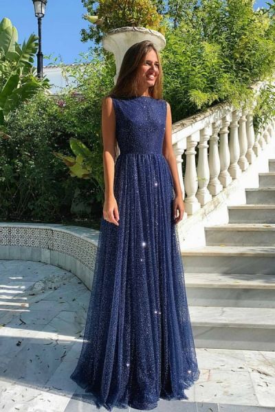 Column Jewel Neck Sleeveless Floor-length Evening Gown With Sequins
