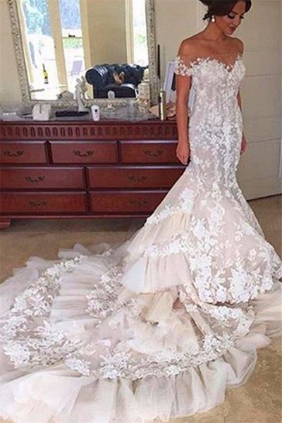 Mermaid Off-the-shoulder Court Train Tulle Bridal Gown With Appliques