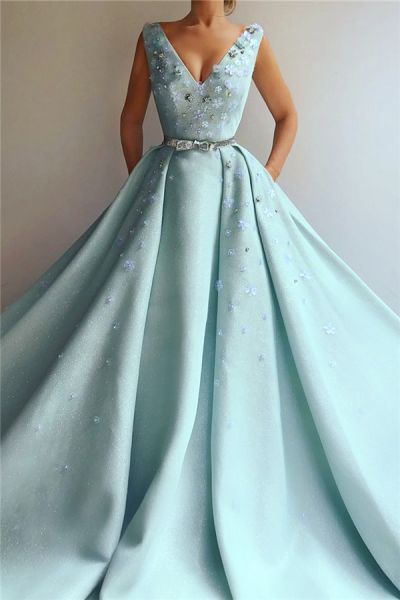 A-line Straps V-neck Sleeveless Floor-length Tulle Evening Dress With Flower(s)