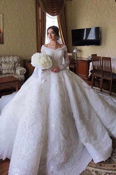 A-line Off-the-shoulder Long Sleeves Cathedral Train Lace Wedding Gown With Crystal