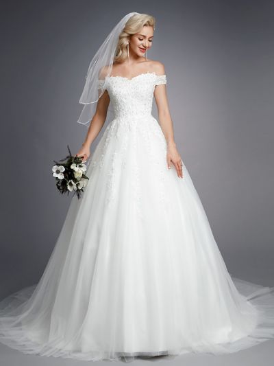 Ball Gown Short Sleeves Court Train Tulle Bridal Gown With Lace