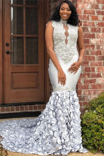 Mermaid High Neck Sleeveless Court Train Stretch Satin Formal Wear With Appliques