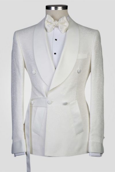 White Jacquard Double Breasted Men's Suit with Shawl Lapel for Wedding