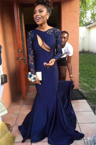 Mermaid Scoop Neck Long Sleeves Stretch Satin Formal Dress With Court Train