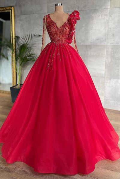 A-line V-neck Long Sleeves Floor-length Tulle Formal Dress With Appliques