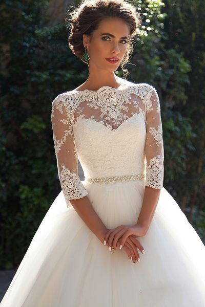 Ball Gown Bateau Neck Half-Sleeves Court Train Wedding Gown With Beading