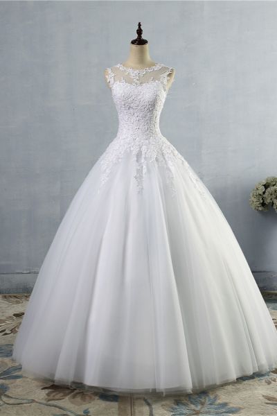 A-line Jewel Neck Sleeveless Floor-length Tulle Bridal Dress With Appliques