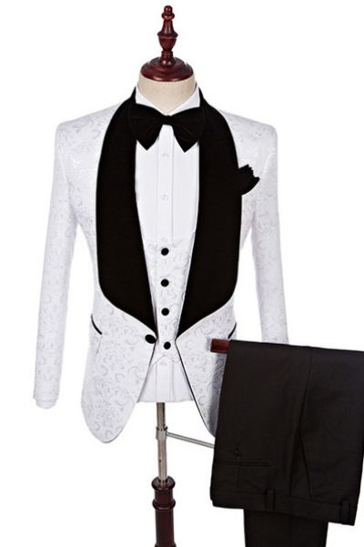 White Jacquard Three Pieces Wedding Suit for Men