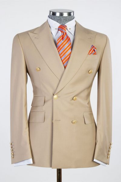 Khaki Double Breasted Business Men Suit with Peaked Lapel