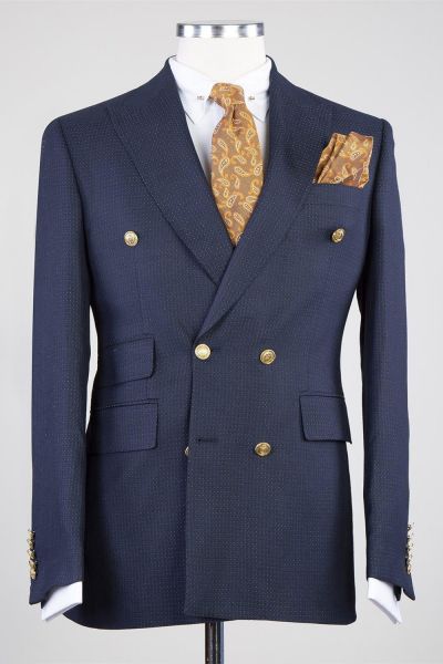 Navy Double Breasted Business Men Suit with Peaked Lapel