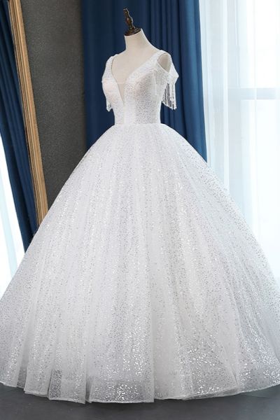 Ball Gown V-neck Short Sleeves Floor-length Tulle Bridal Dress With Sequins