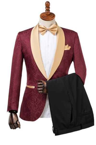 Burgundy Slim Fit Jacquard Wedding Suit