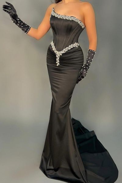 Mermaid Strapless Sleeveless Floor-length Stretch Satin Evening Gown With Beading