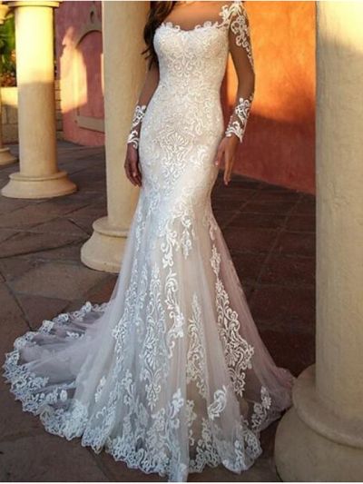 Mermaid Long Sleeves Sweep / Brush Train Lace Wedding Dress With Lace