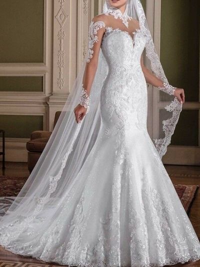 Mermaid Long Sleeves Sweep / Brush Train Tulle Bridal Gown With Lace