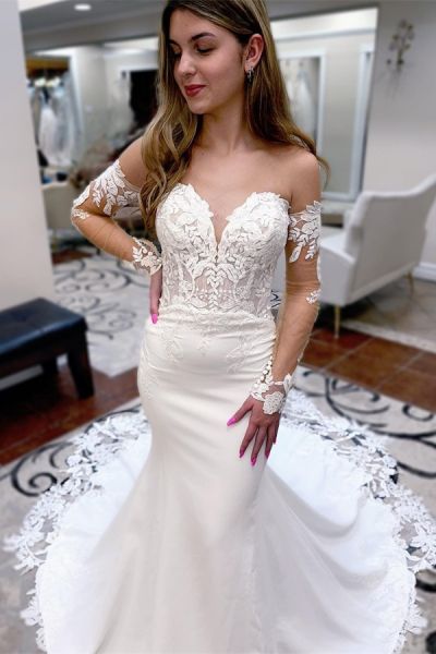Mermaid Sweetheart Neck V-neck Long Sleeves Sweep / Brush Train Lace Bridal Gown With Ruffles
