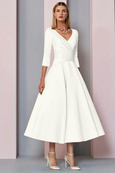 A-line V-neck 3/4-Length Sleeves Tea-length Satin Bridal Attire With Appliques