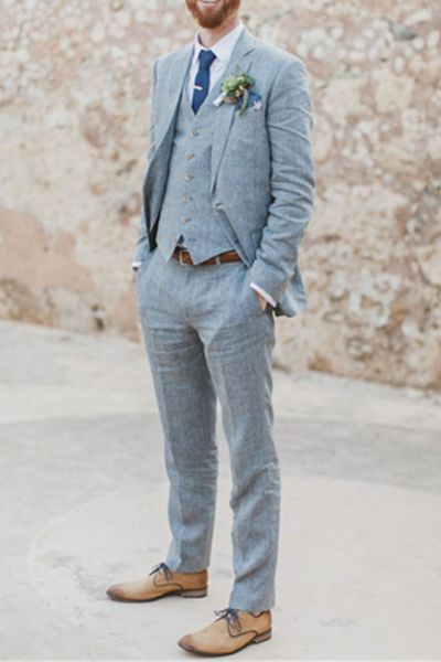 Blue Linen Beach Wedding Suits