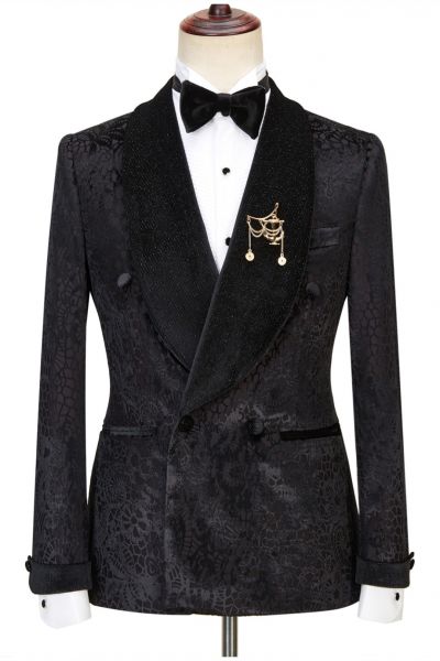 Black Double Breasted Wedding Suit with Sparkle Patterns and Shawl Lapel