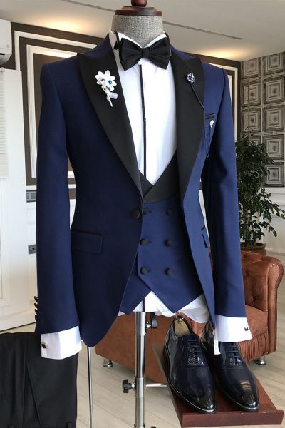 Royal Blue Double Breasted Waistcoat Suit with Black Peaked Lapel